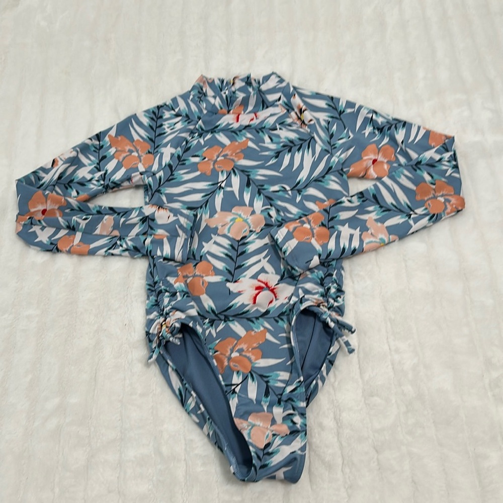 Roxy Girls Blue Floral Long Sleeve One-Piece Swimsuit